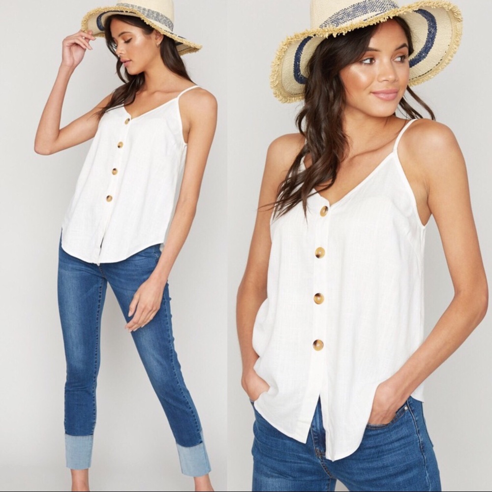 White Linen Tie Front Top, Button Down Cami Tank - Picture 3 of 5